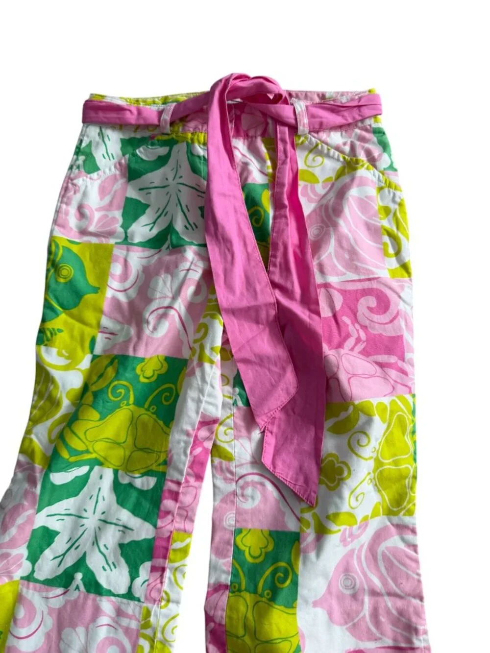 LILLY PULITZER Vintage Girls Sea Life Patchwork Patterned Belted Pants Size 6X